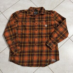 Carharrt Heavyweight Flannel Shirt Mens L Plaid Fall Loose Fit Workwear Stains